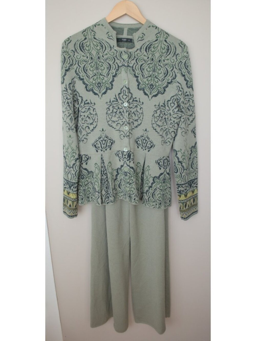 IVKO light green jacquard knit cardigan and wide leg pants set